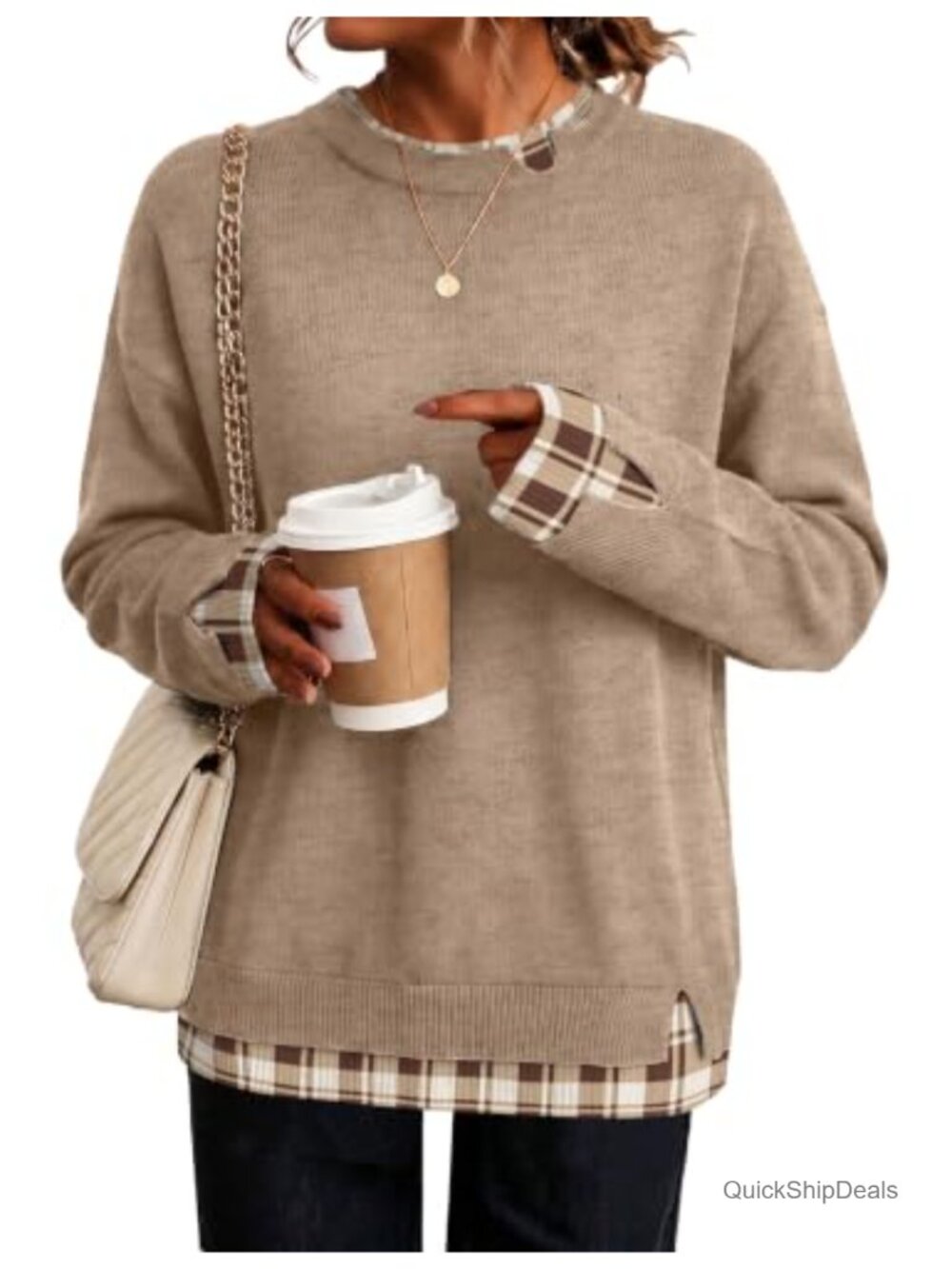 Womens Faux Layered Cozy Long Sleeve Crew Neck Pullover Sweater